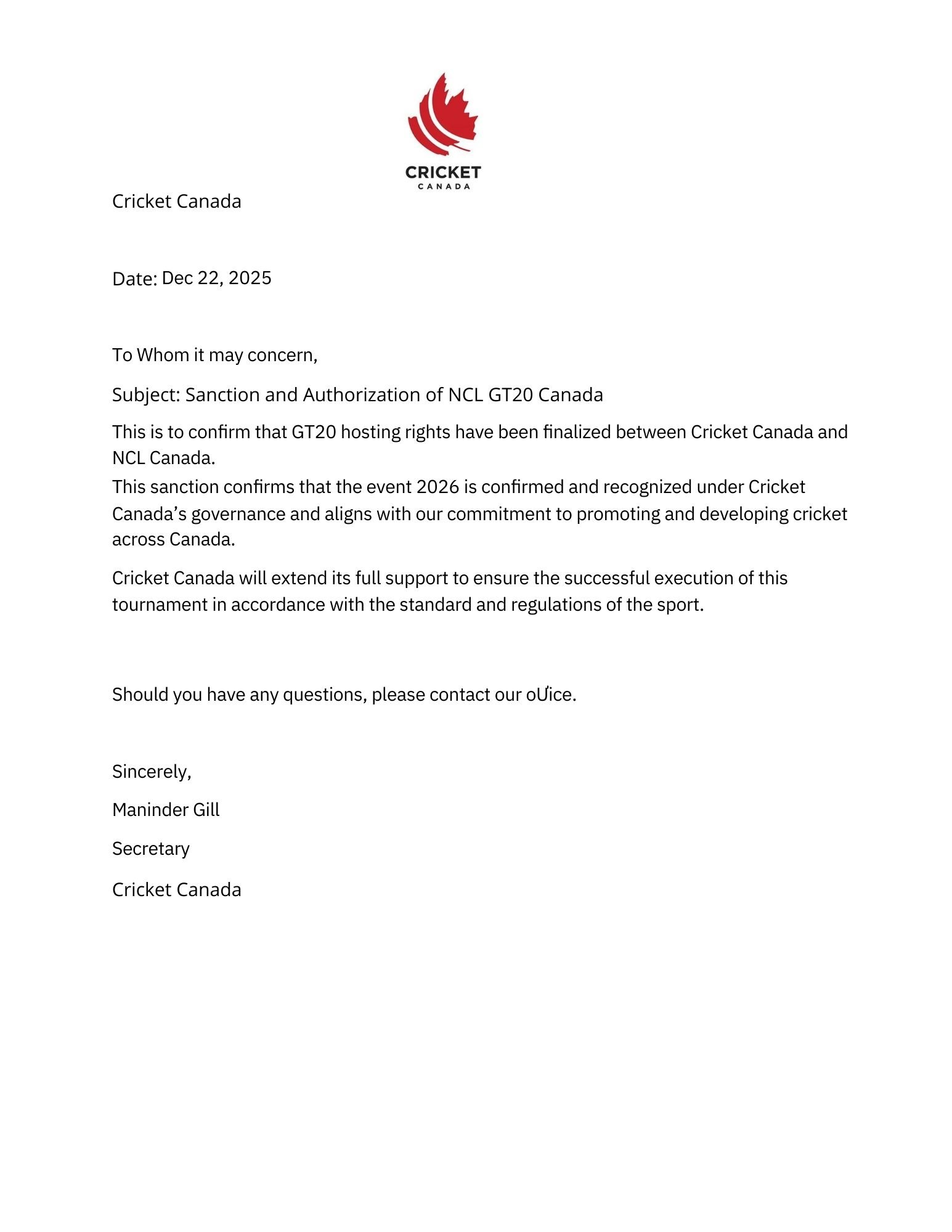 Screenshot of Cricket Canada Sanction Letter